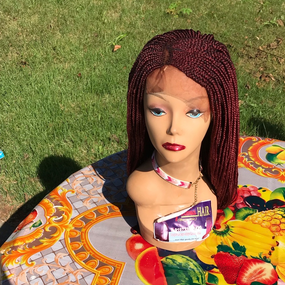 Burgundy braided wig on a frontal